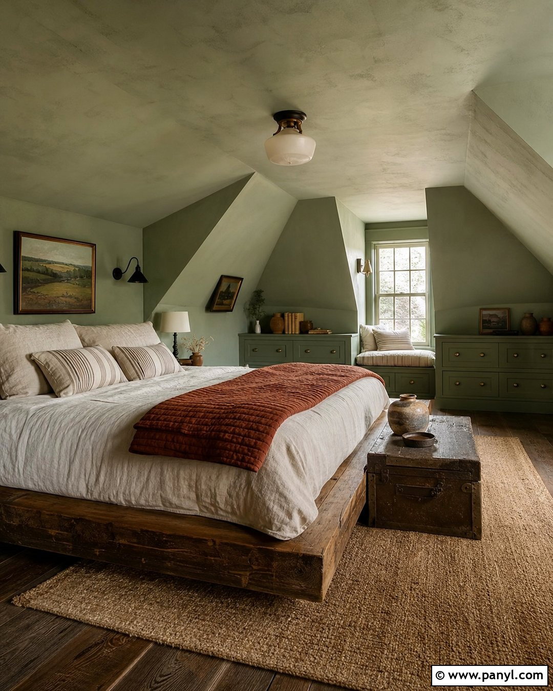 Dusty Green Rustic Attic Bedroom - 20 Green Wall Rustic Style Ideas