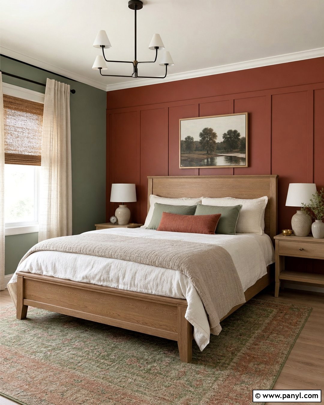 Dusty Green Walls With Terracotta Red Headboard Wall - 20 Red And Green Wall Paint Ideas