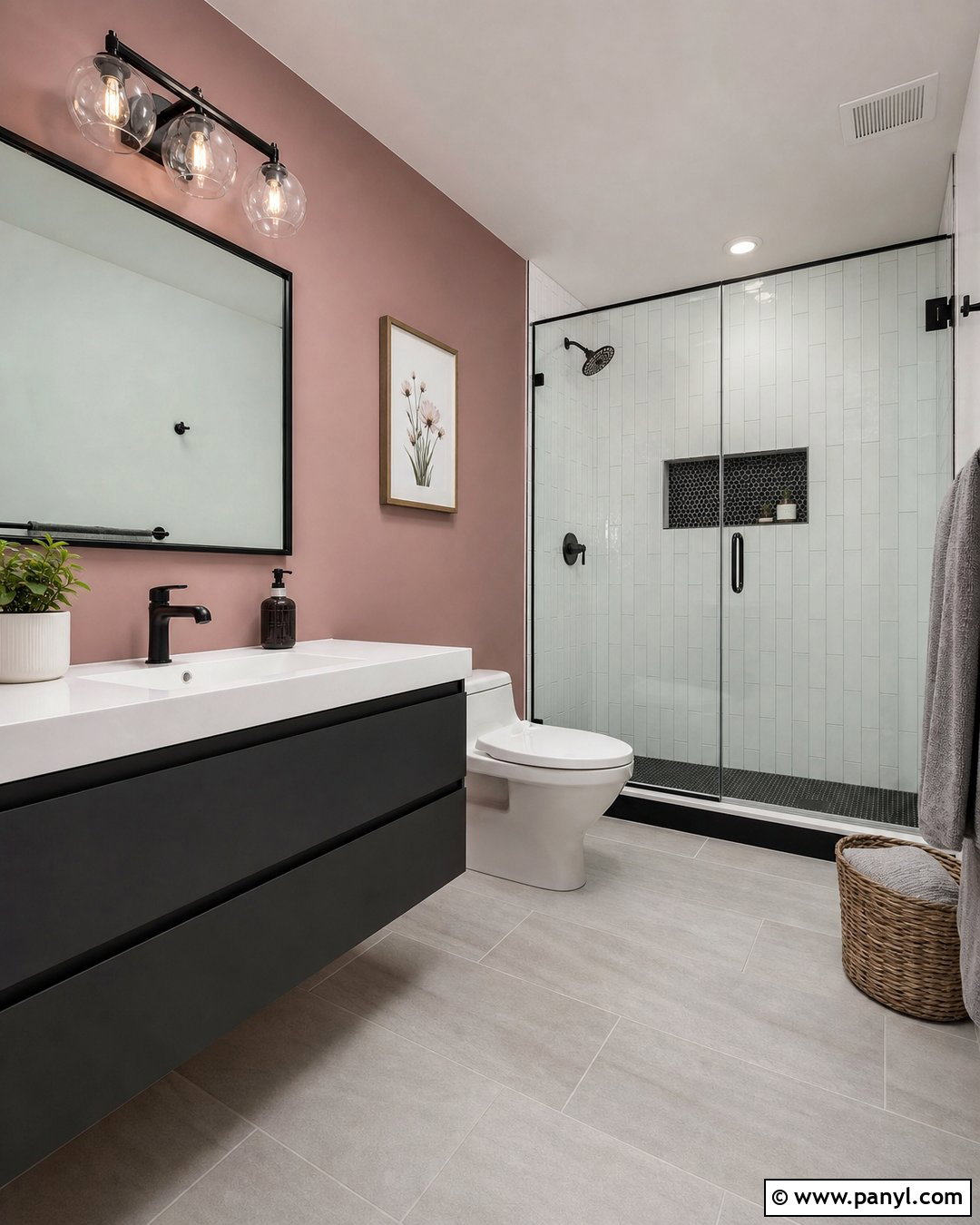 Dusty Pink Accent Wall With Black Fixtures - 20 Modern Bathroom With Pink Accent Wall Ideas