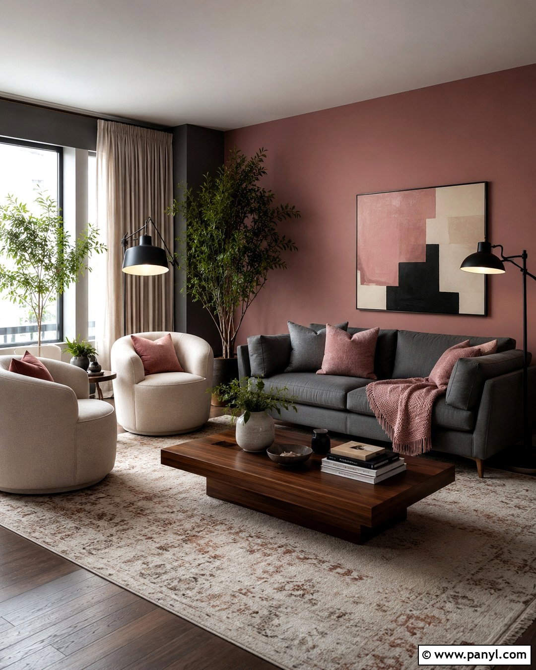 Dusty Pink Accent Wall With Charcoal Grey Living Room - 20 Grey Room With Pink Accent Wall Ideas