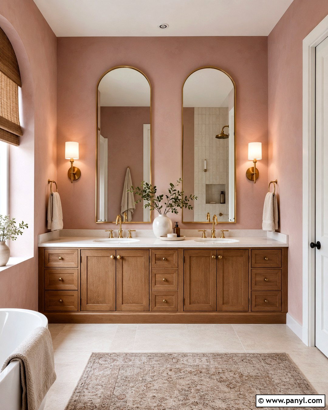 Dusty Pink Bathroom Walls With Arched Mirrors - 20 Dusty Pink Bathroom Walls