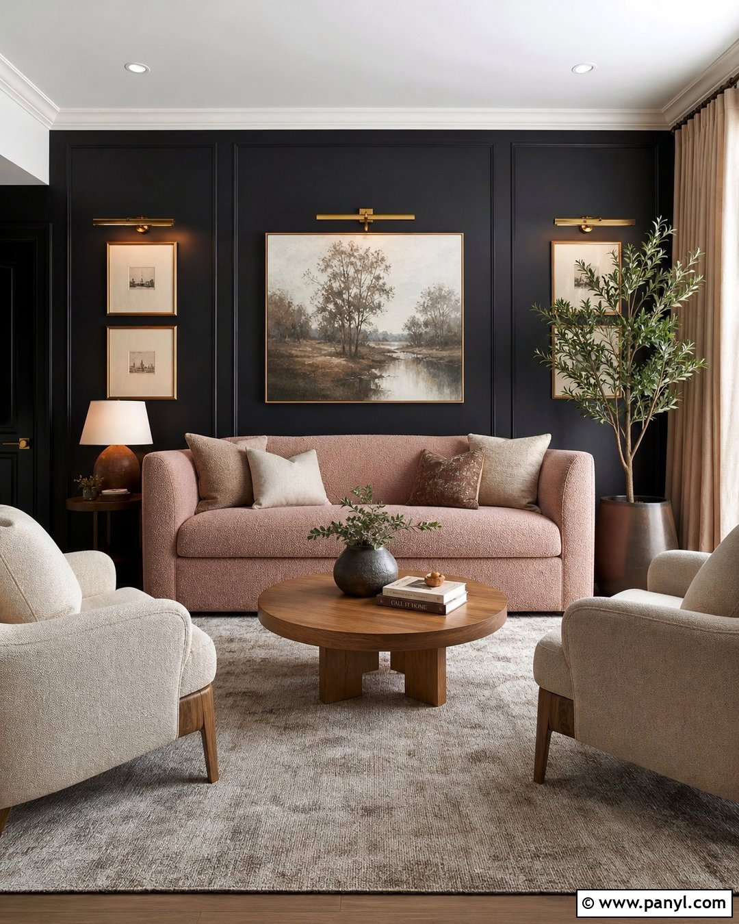 Dusty Pink Boucle Couch With Black Wall Panels - 20 Pink Couch Black Wall Ideas
