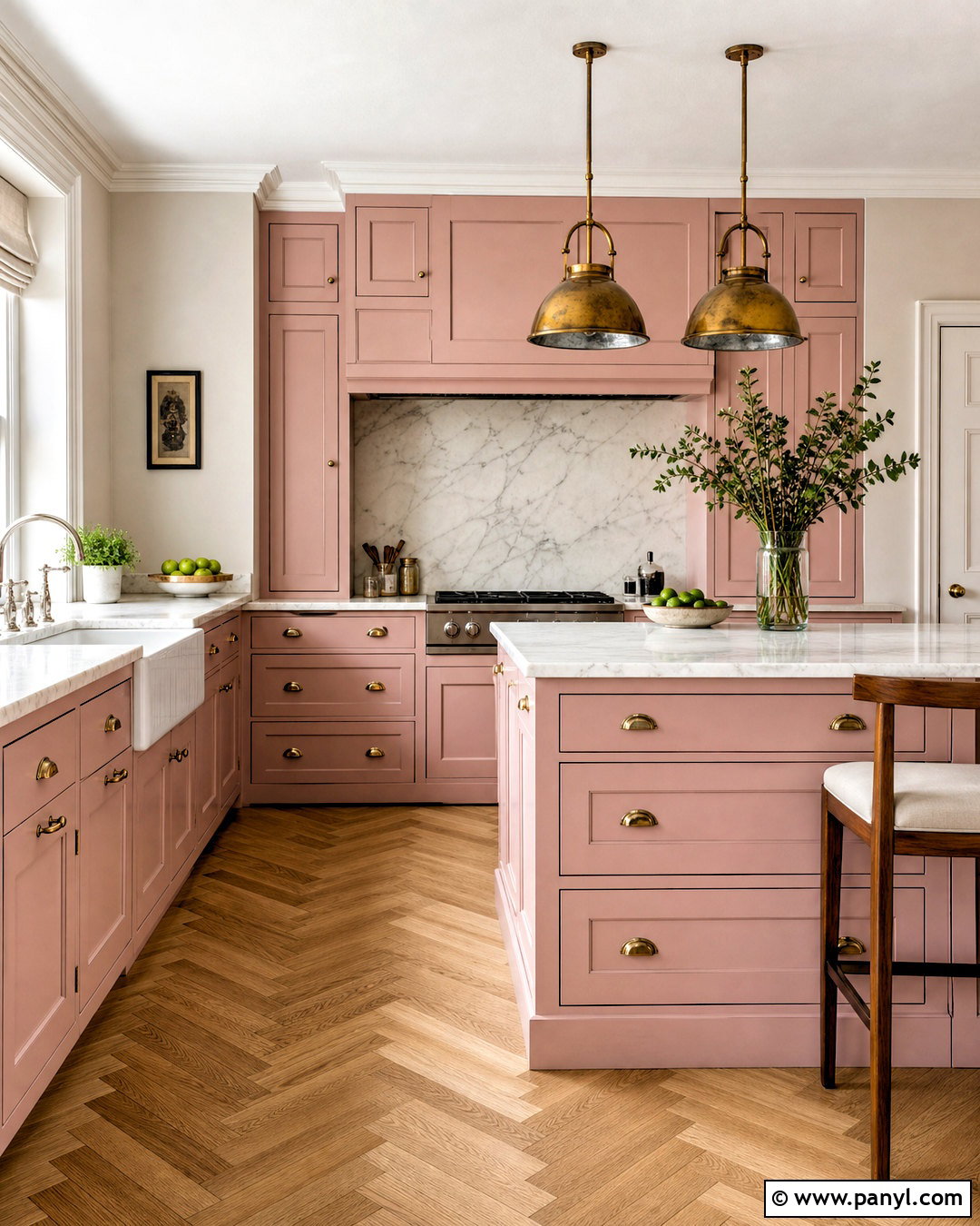 Dusty Pink Cabinets With White Marble Counters - 20 white and pink kitchen ideas