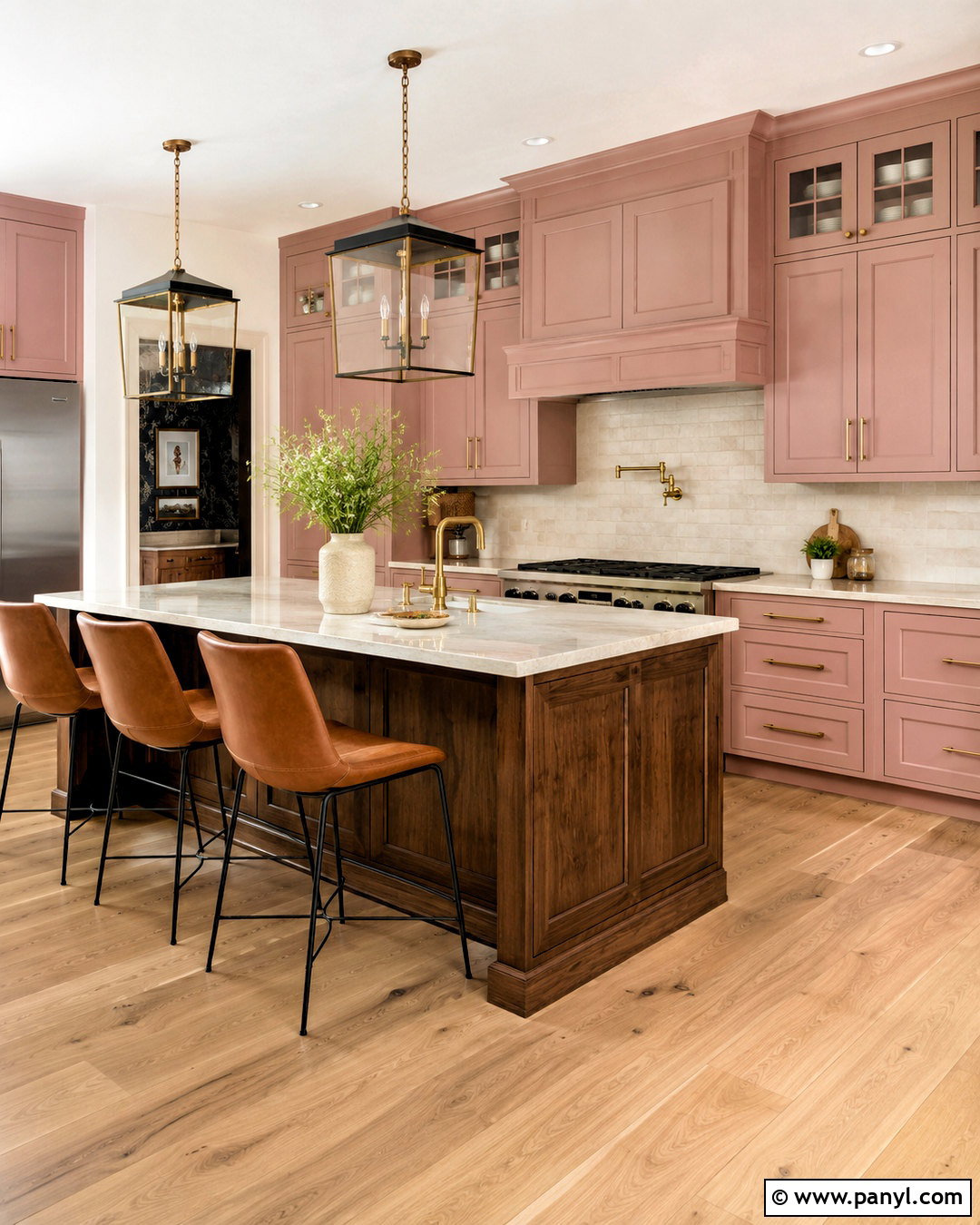 Dusty Pink Kitchen Cabinets With A Walnut Island - 20 dusty pink kitchen cabinets