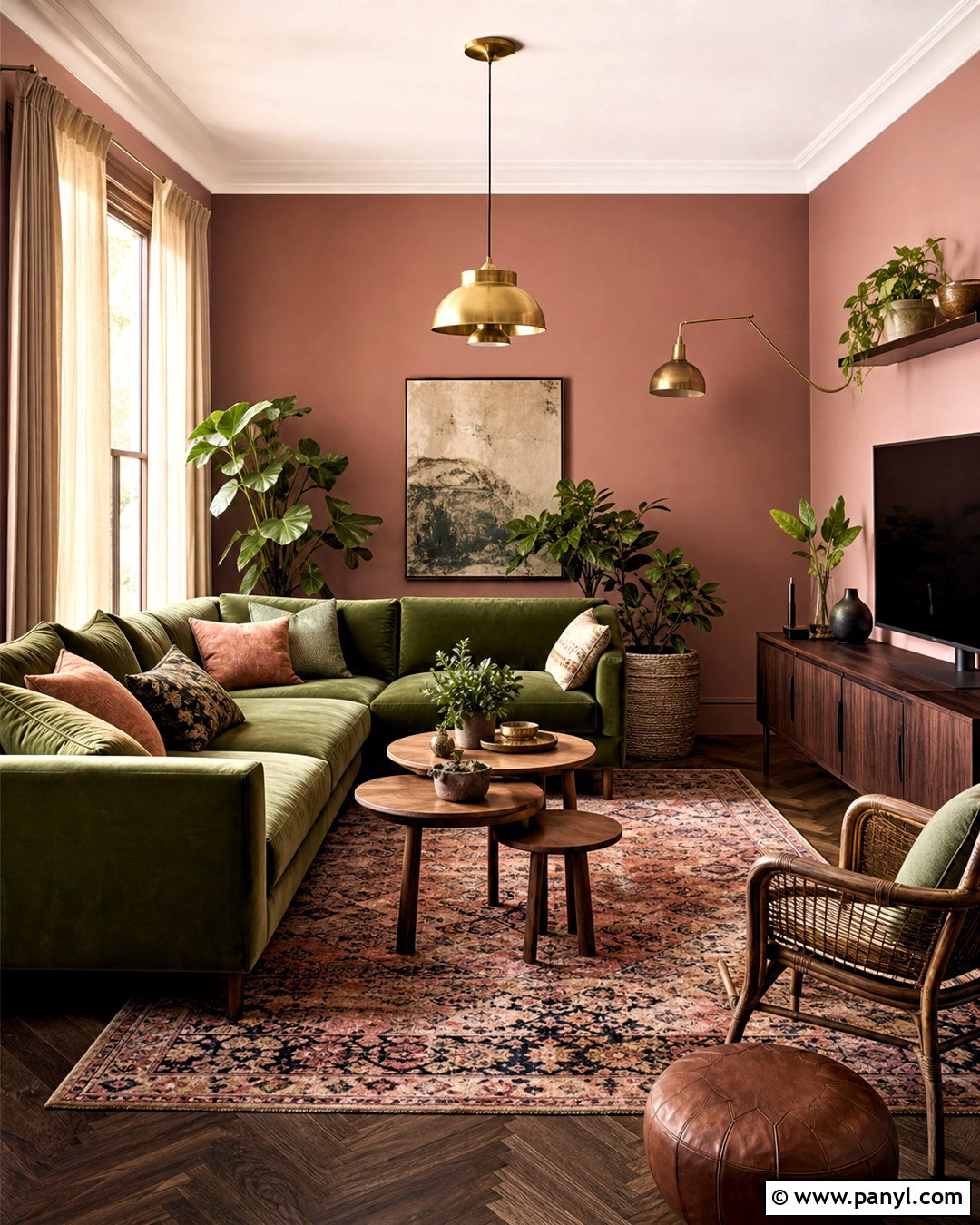 Dusty Pink Walls With Olive Green Sofa - 20 pink walls living room ideas