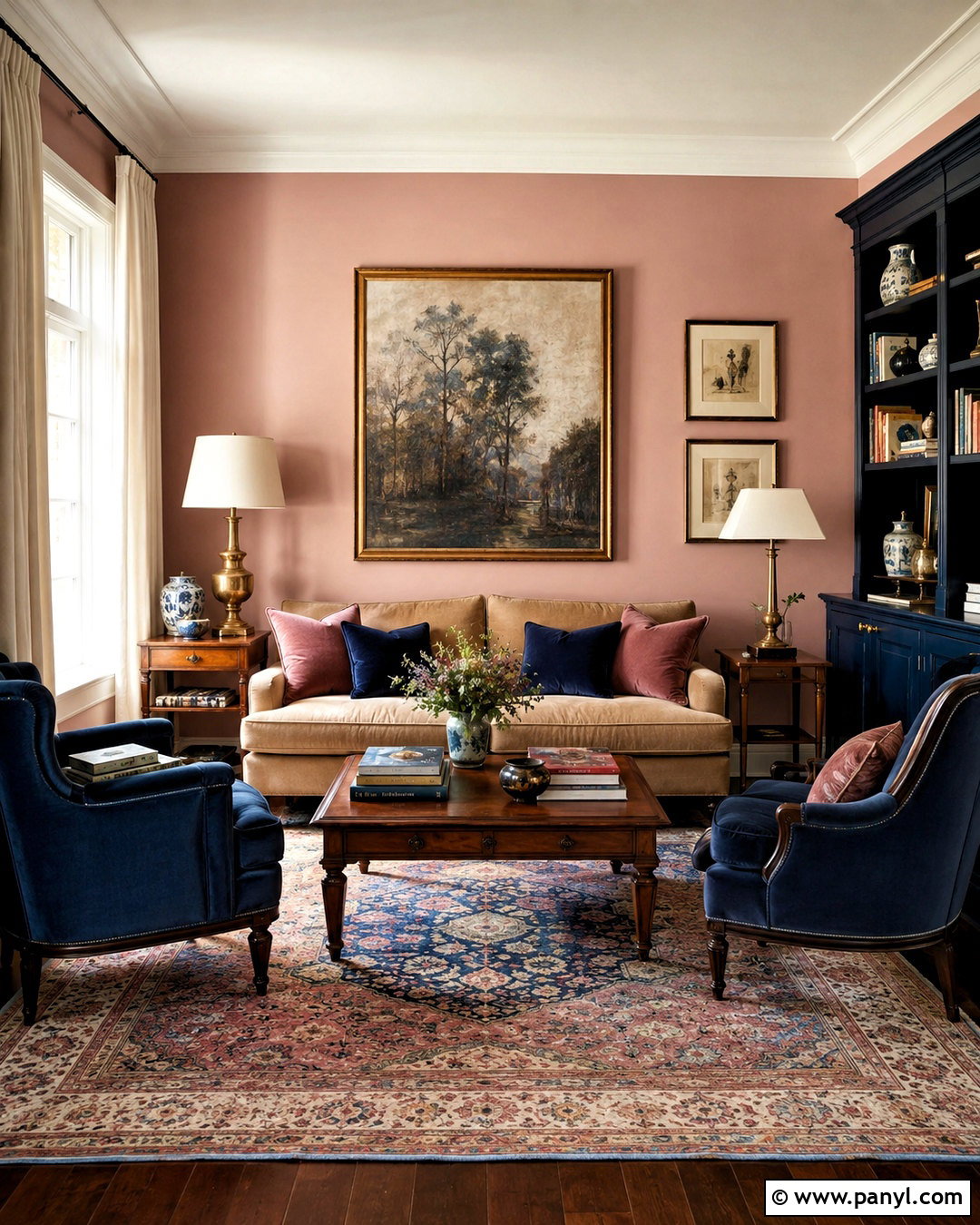 Dusty Rose And Deep Blue Drawing Room - 20 drawing room colour combinations