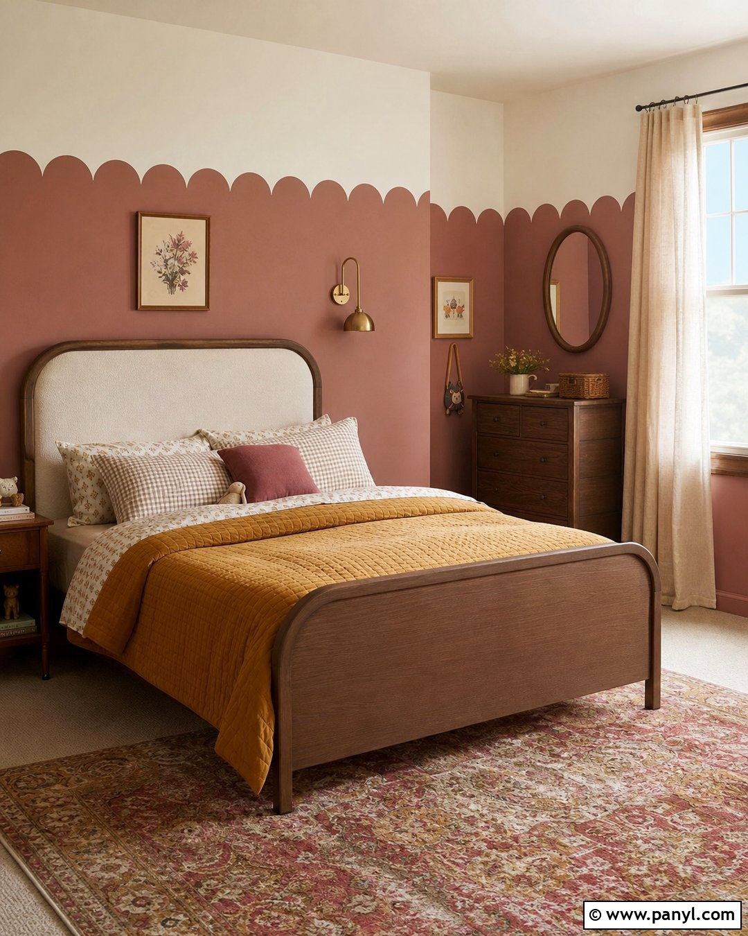 Dusty Rose And Mustard Scalloped Wall - 25 Scalloped Painted Wall Girls Room Ideas