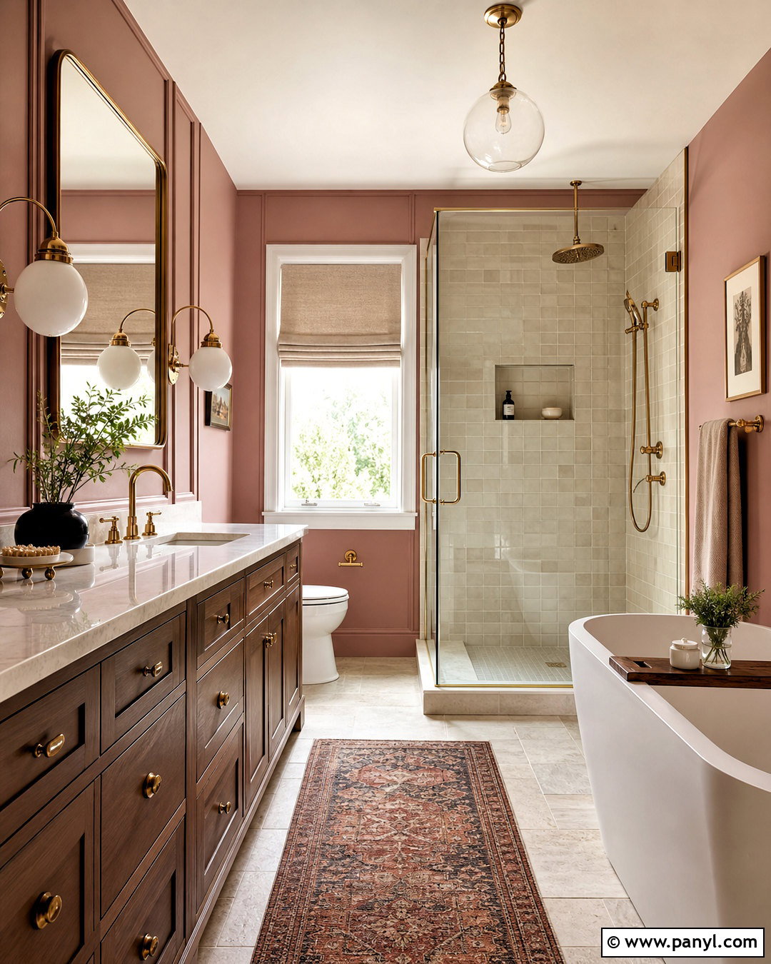 Dusty Rose Bathroom With Brass Fixtures - 20 pink bathroom inspo ideas