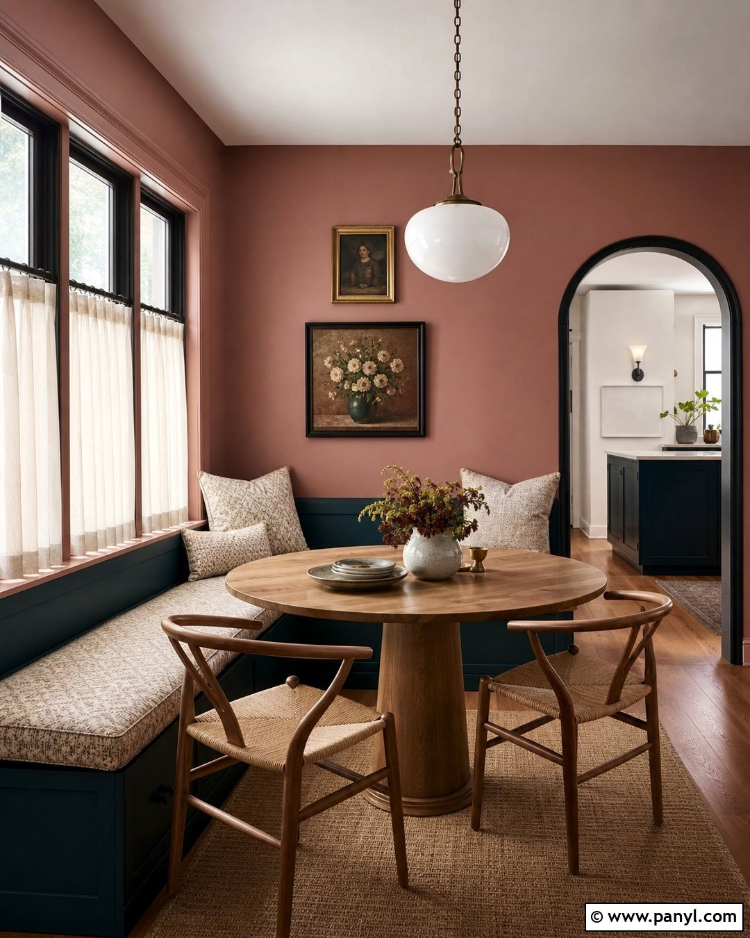 Dusty Rose Breakfast Nook With Teal Seating - 35 Dusty Rose Wall Paint Ideas
