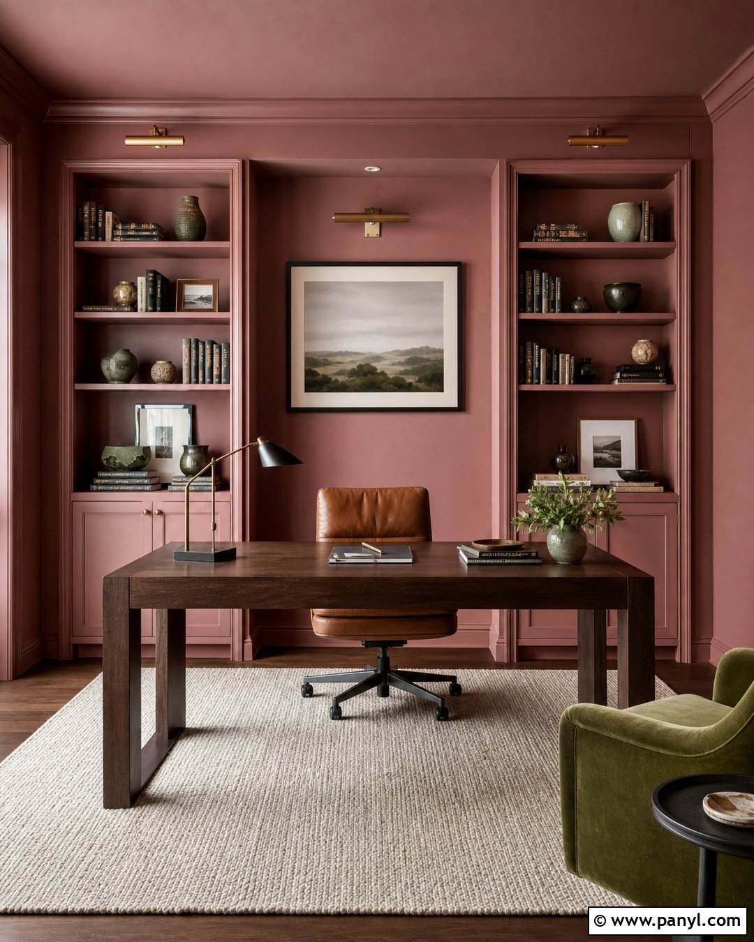 Dusty Rose Color Drenched Home Office - 25 Dusty Rose Wall Color Ideas