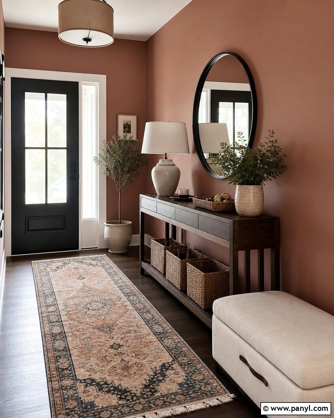 Dusty Rose Entryway With Wood Console - 35 Dusty Rose Wall Paint Ideas