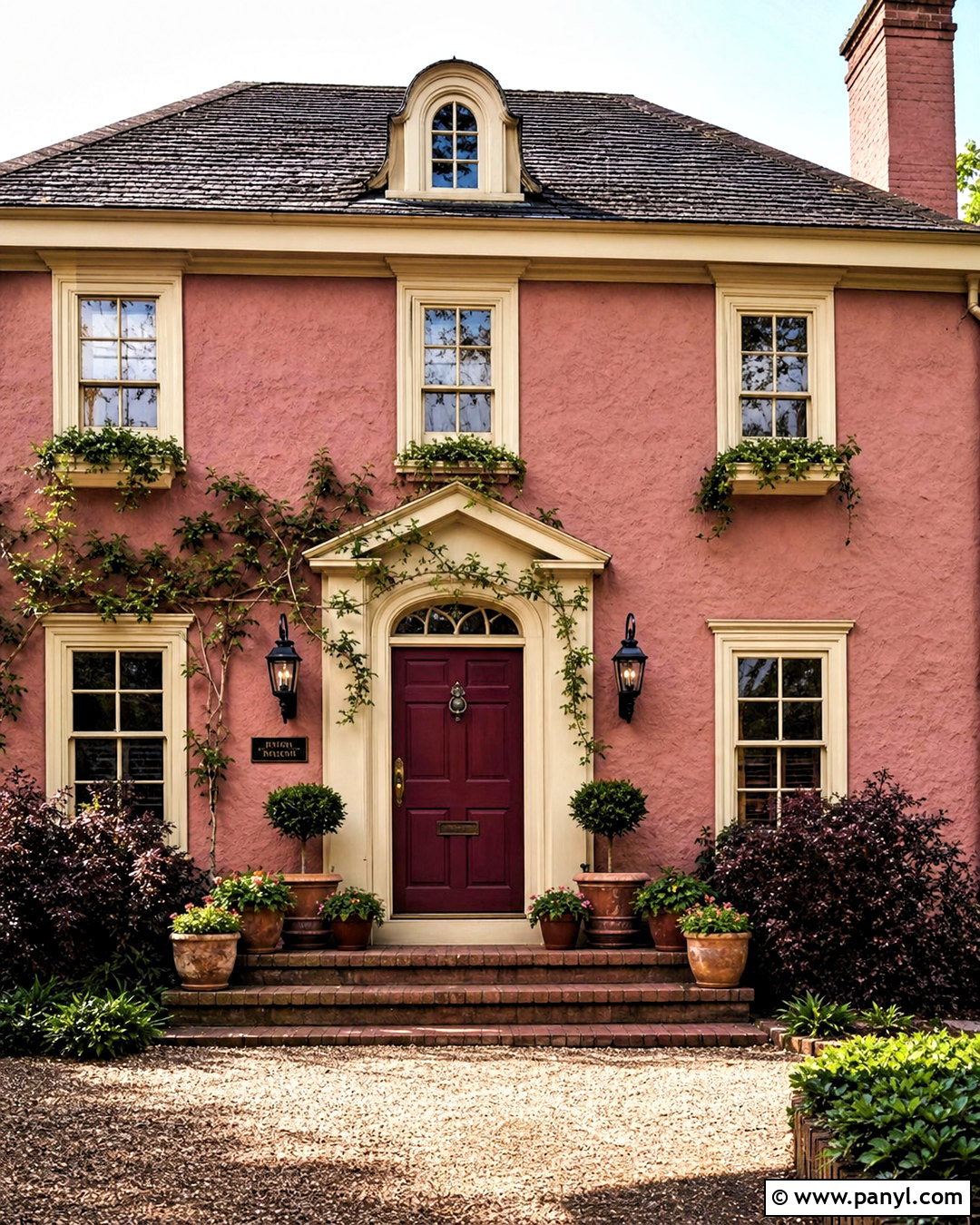 Dusty Rose Exterior Walls With Cream Trim - 20 exterior wall painting ideas