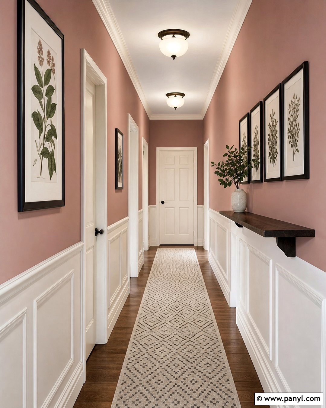 Dusty Rose Hallway With White Wainscoting - 35 Dusty Rose Wall Paint Ideas