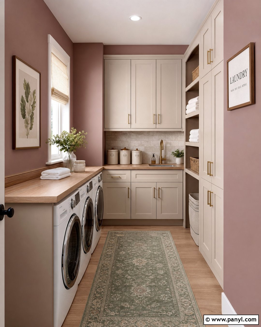 Dusty Rose Laundry Room With Cream Cabinets - 35 Dusty Rose Wall Paint Ideas