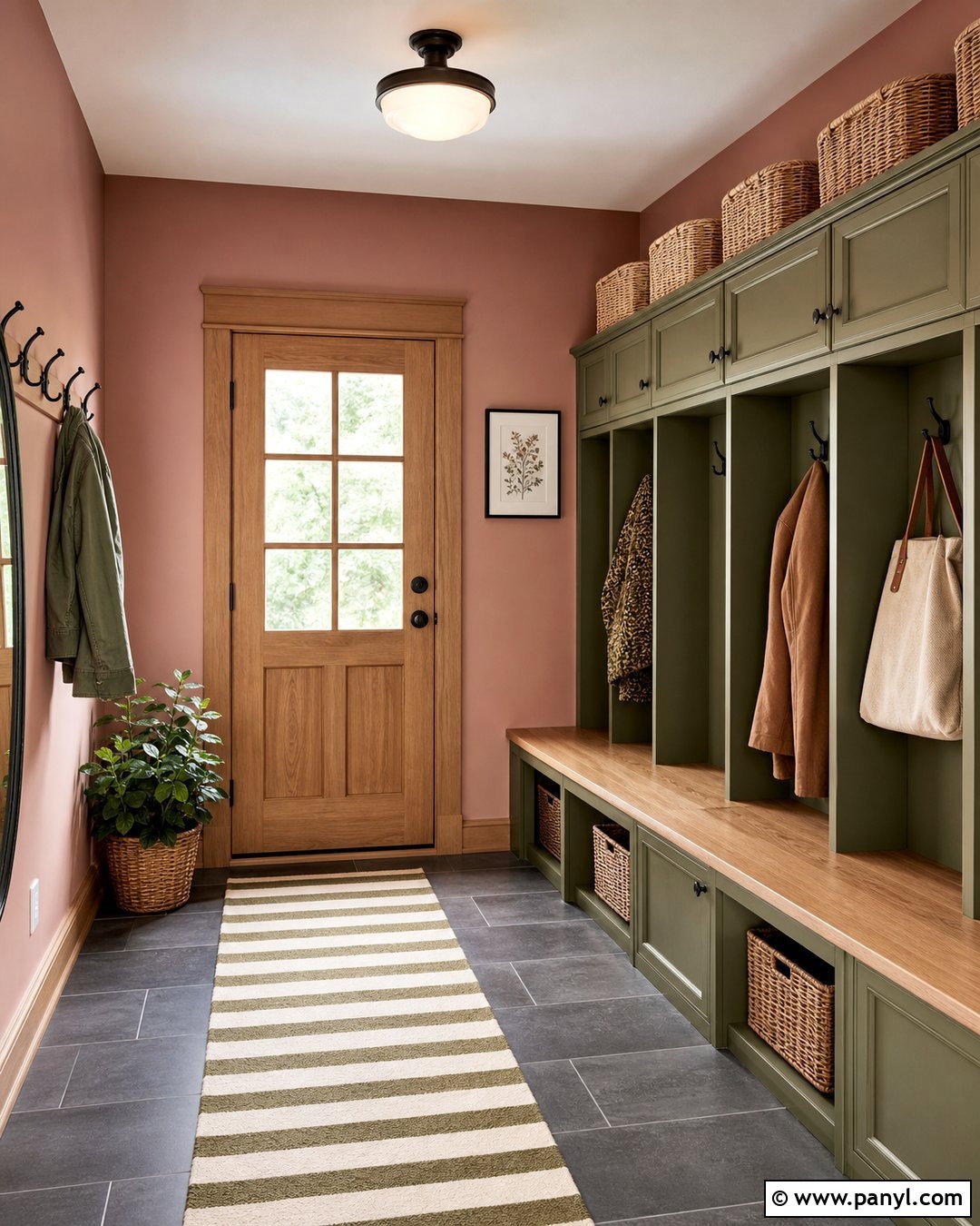 Dusty Rose Mudroom With Olive Storage - 35 Dusty Rose Wall Paint Ideas