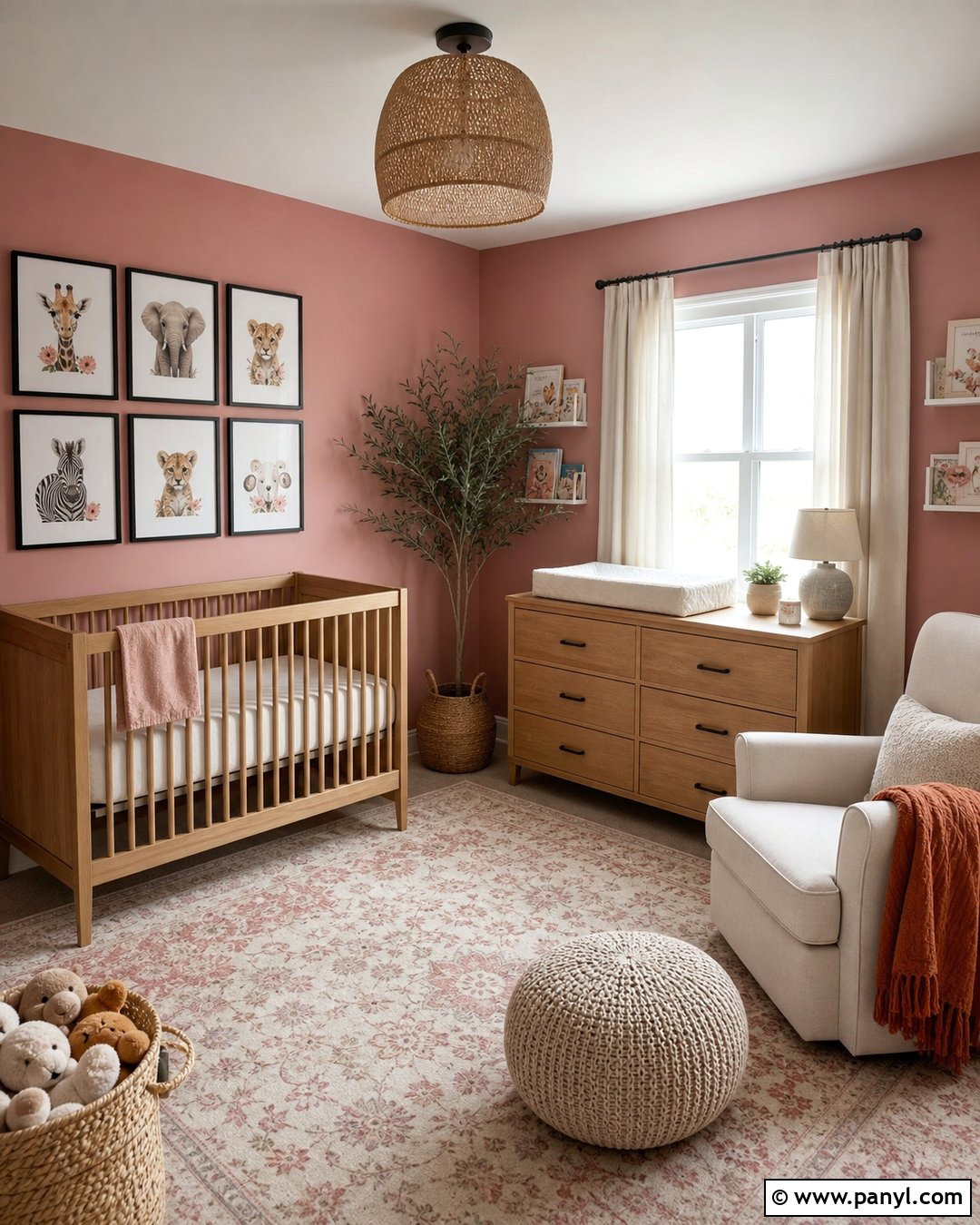 Dusty Rose Nursery With Natural Wood - 25 Pink Walls Nursery Ideas