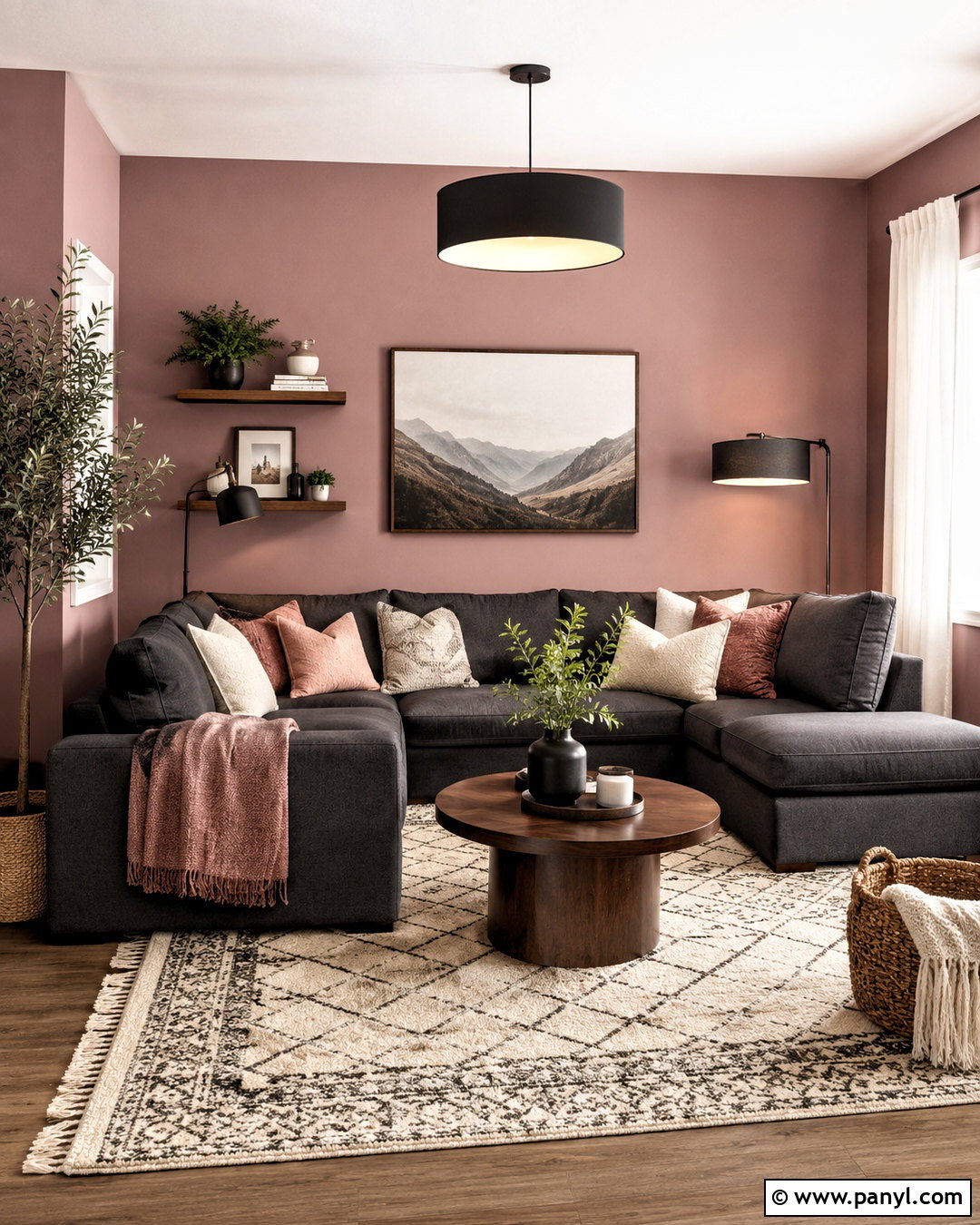 Dusty Rose Pink Walls With A Gray Sectional - 20 pink wall living room ideas