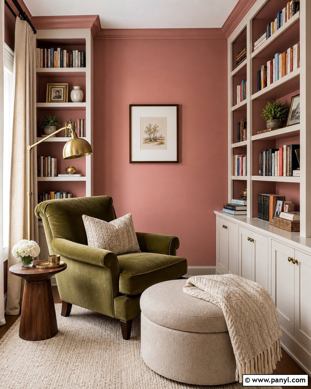 Dusty Rose Reading Nook With Built-In Shelves - 35 Dusty Rose Wall Paint Ideas