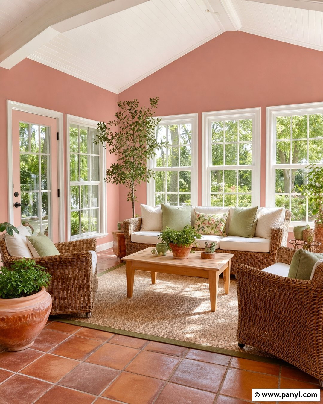 Dusty Rose Sunroom With Wicker Furniture - 35 Dusty Rose Wall Paint Ideas