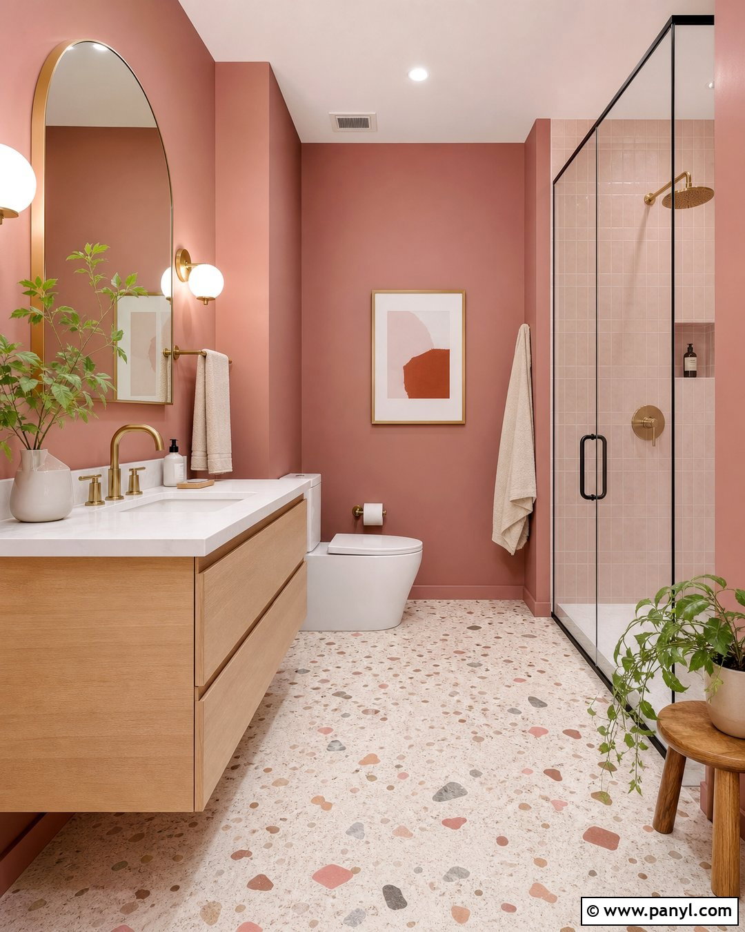 Dusty Rose Walls With Light Terrazzo Floors - 25 Wall Floor Color Combination Ideas