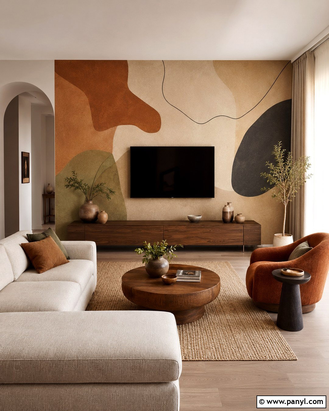 Earth Tone Mural TV Wall - 20 Color Block Wall Behind Tv Ideas
