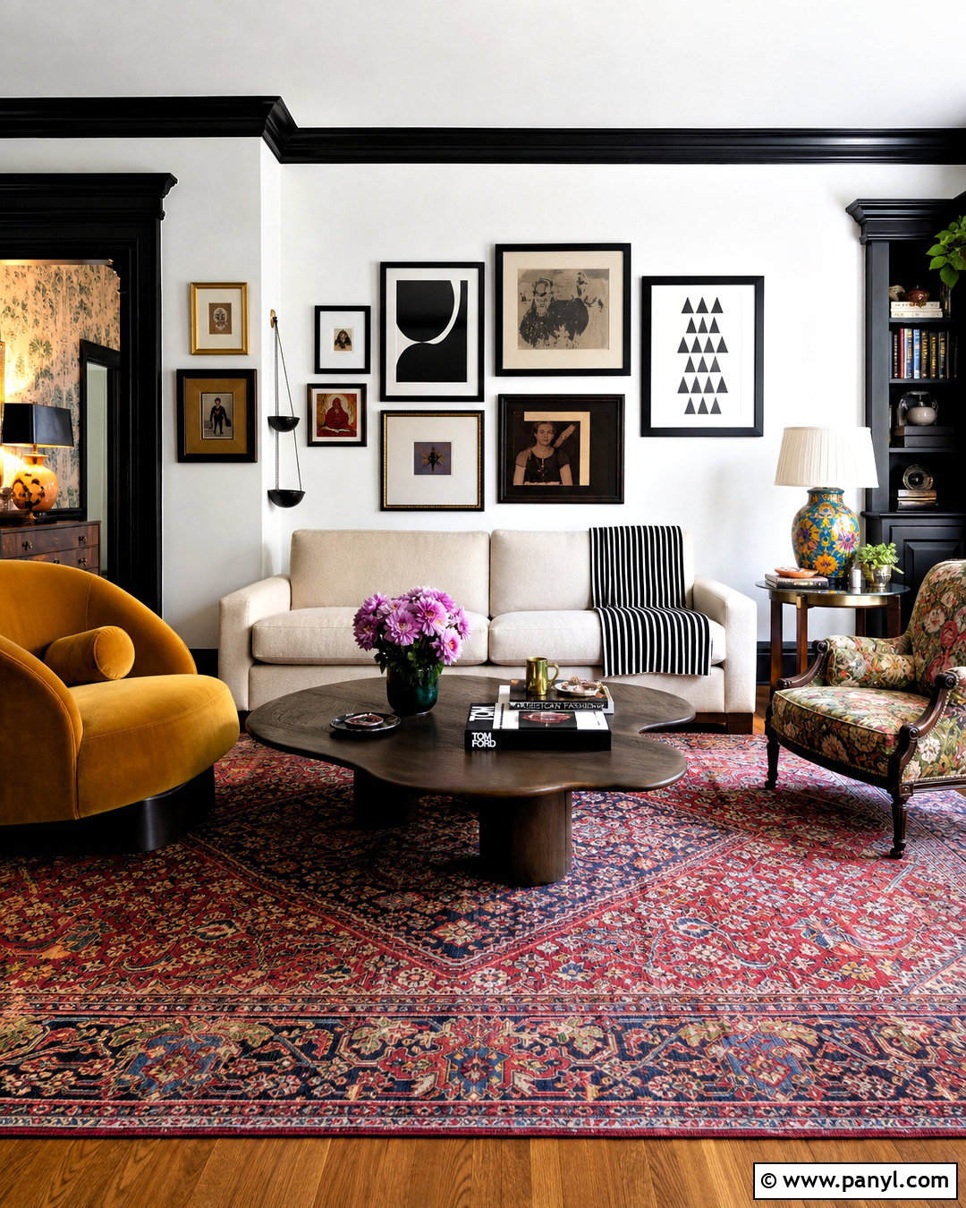 Eclectic Living Room With Black Trim - 20 white walls black trim living room ideas