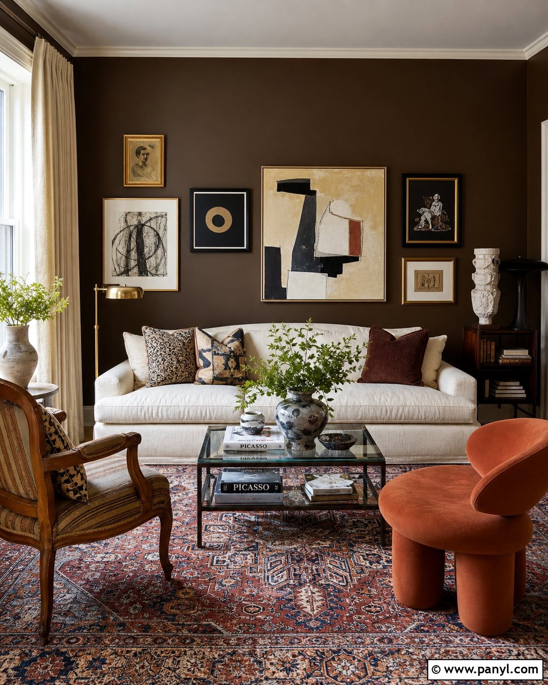 Eclectic Living Room With Dark Brown Walls - 35 Dark Brown Walls Living Room Ideas