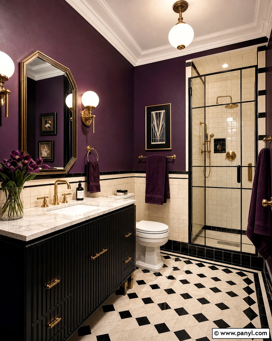 Eggplant Art Deco Bathroom - 20 purple bathroom aesthetic ideas