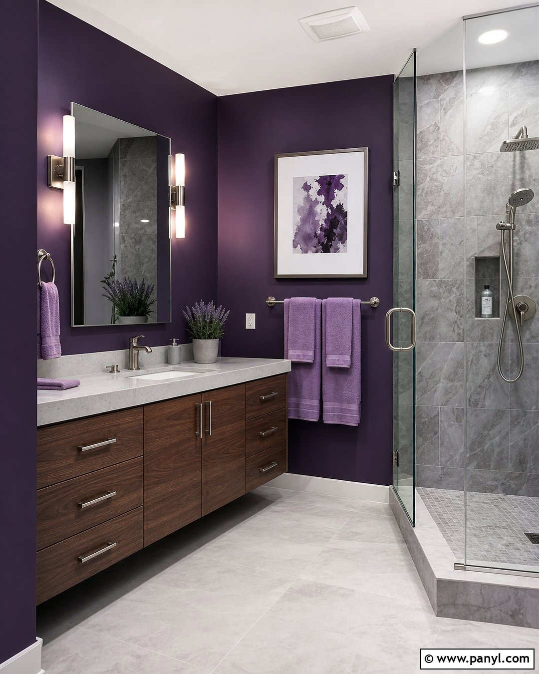 Eggplant Bathroom Walls With Walnut Vanity - 30 Bathroom Dark Walls