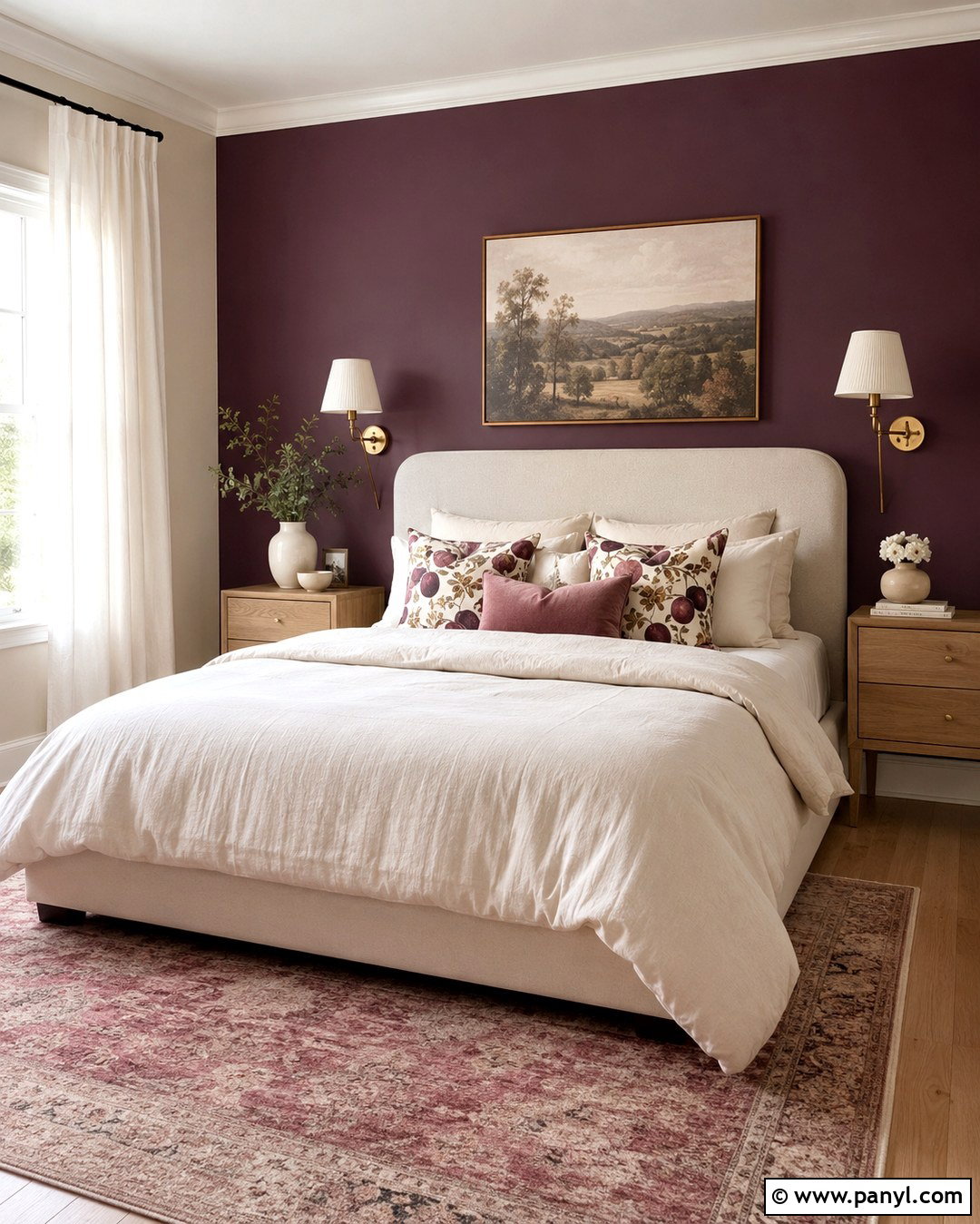 Eggplant Bedroom Wall With Cream Bedding - 20 Eggplant Wall Ideas