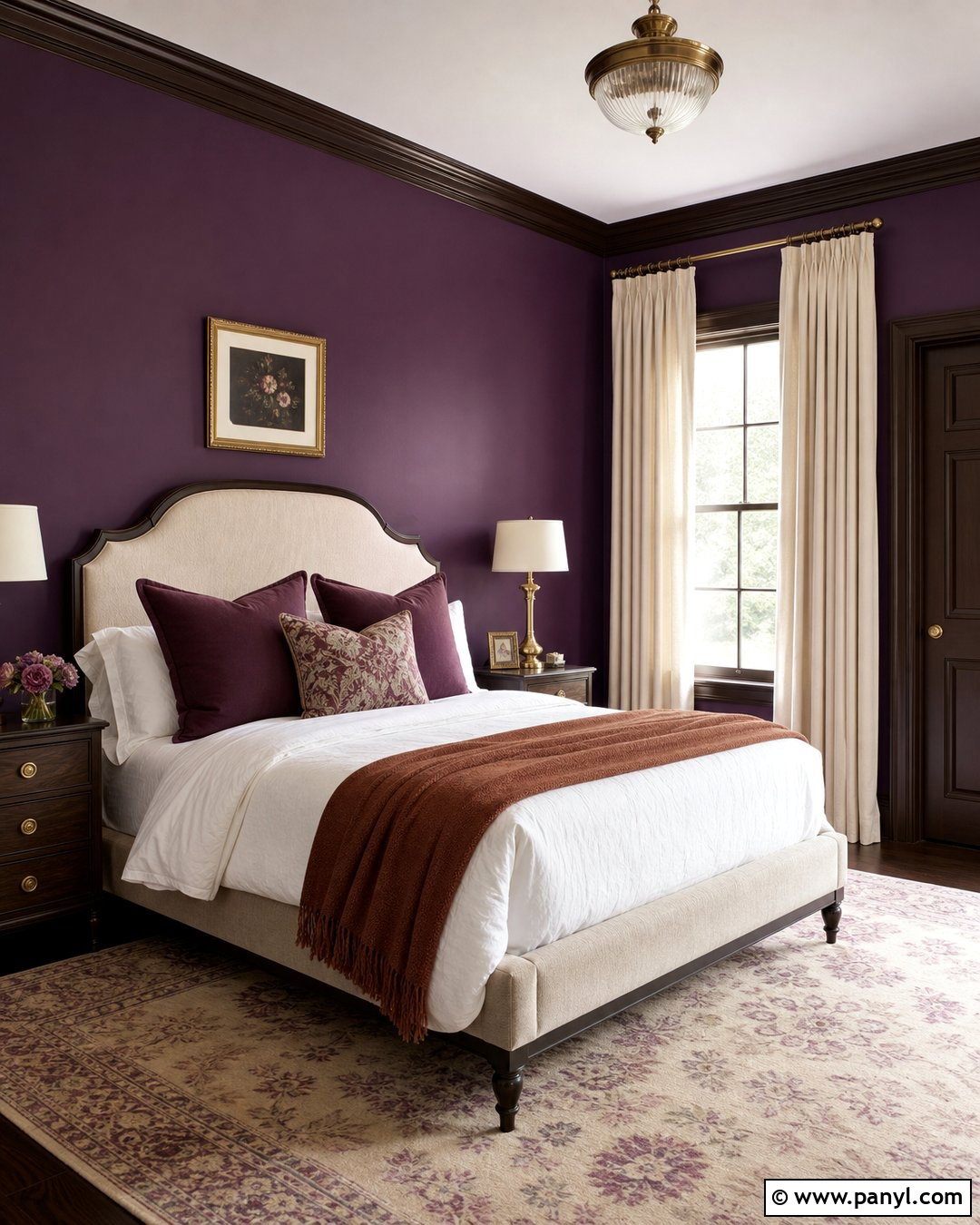 Eggplant Bedroom With Dark Wood Trim - 20 Dark Walls Unpainted Woodwork Ideas