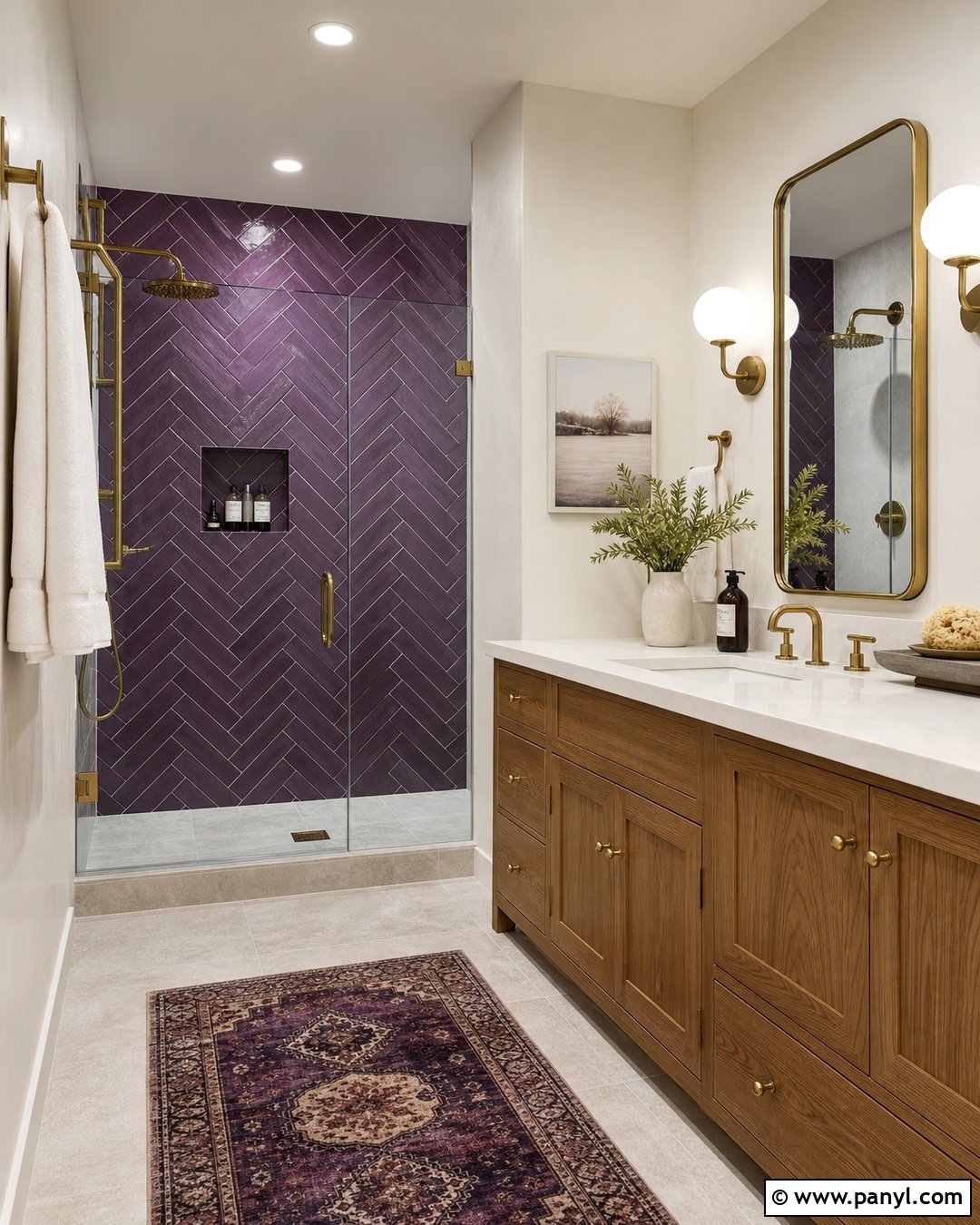 Eggplant Herringbone Bathroom Tile - 20 Purple Patterned Bathroom Wall Ideas