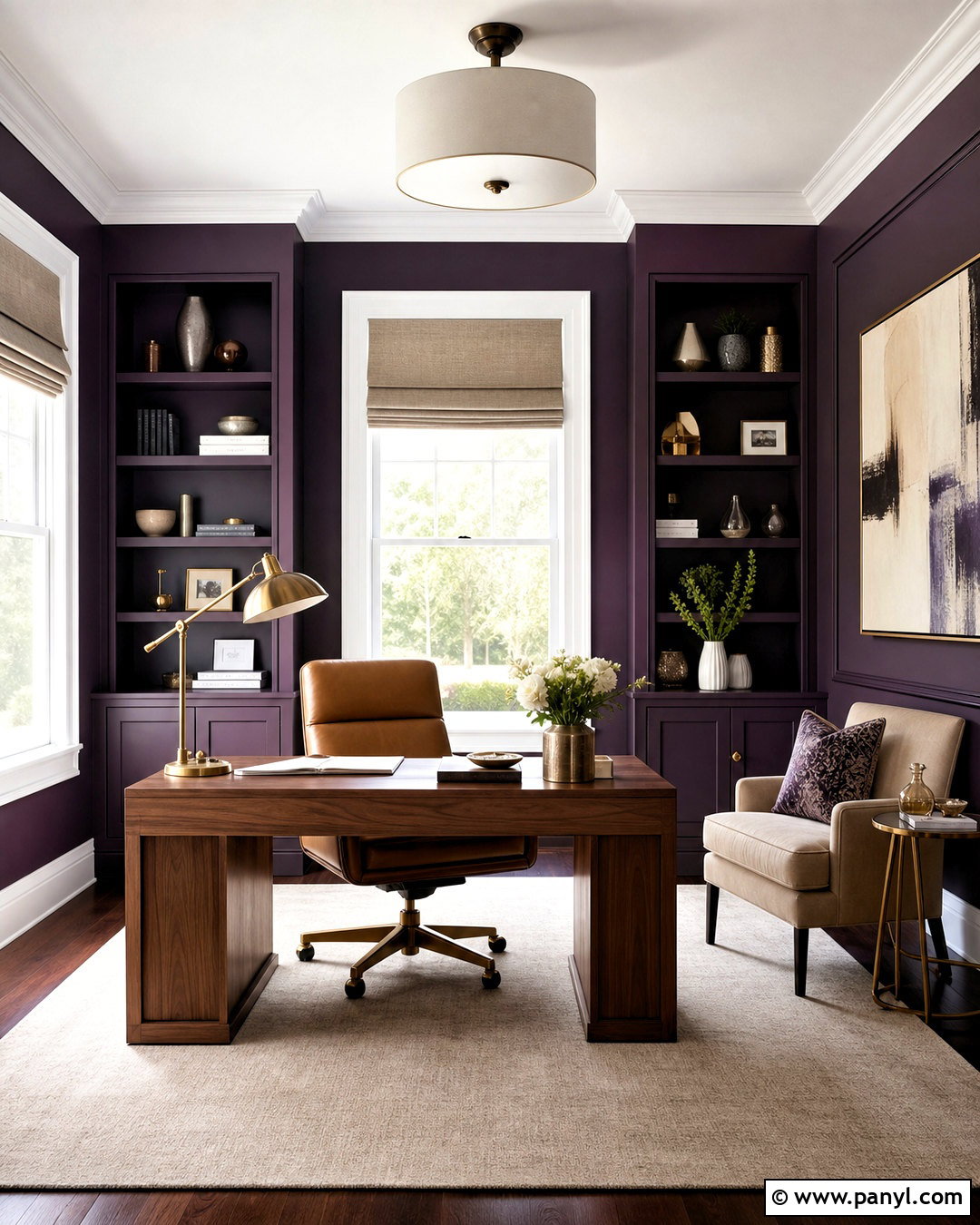 Eggplant Home Office With White Trim - 20 purple wall with white trim ideas