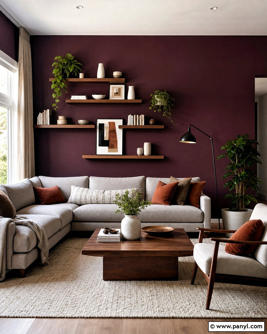 Eggplant Wall With Floating Shelves - 20 purple wall decor ideas