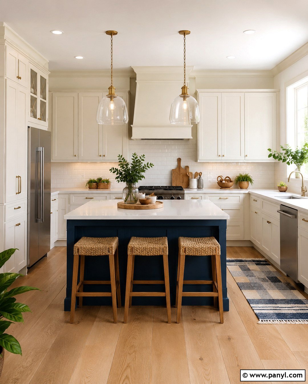 Eggshell White Walls With A Navy Kitchen Island - 20 Eggshell White Walls