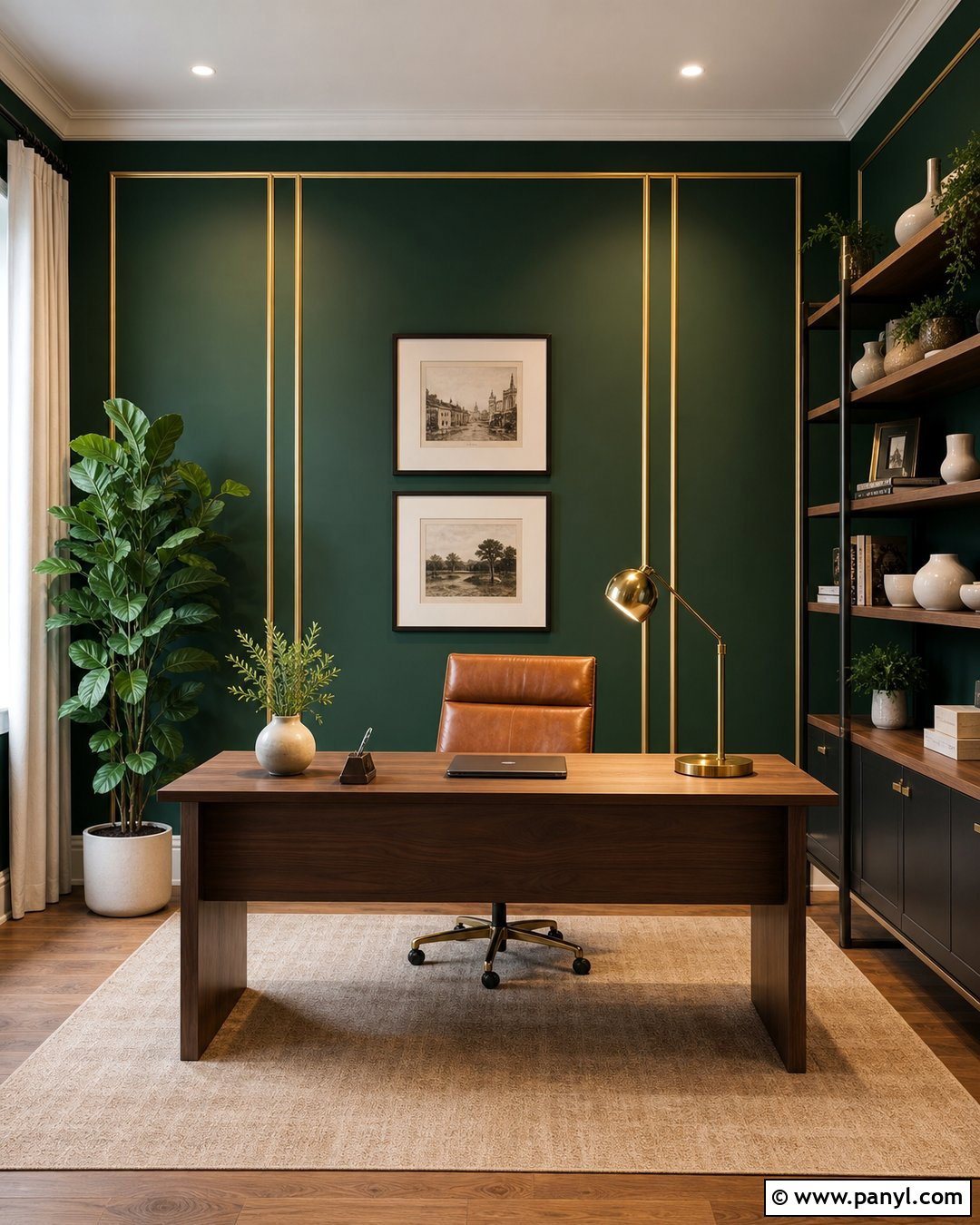 Emerald And Gold Stripe Home Office Wall - 35 gold stripe wall ideas