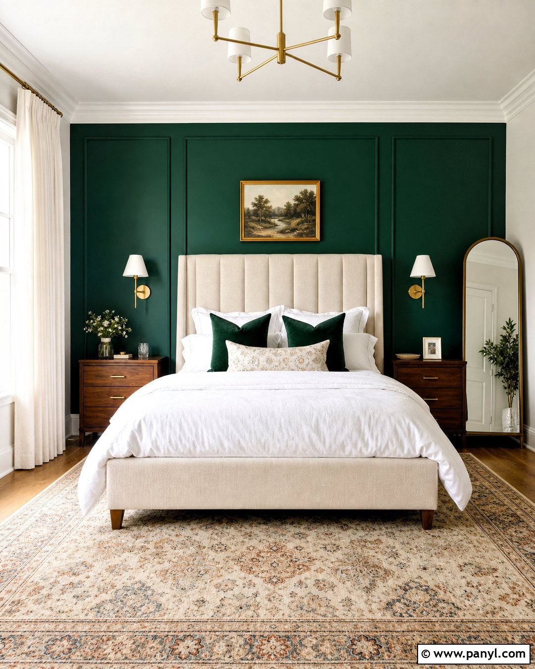 Emerald Green Accent Wall With Brass Decor - 20 dark green accent wall bedroom ideas