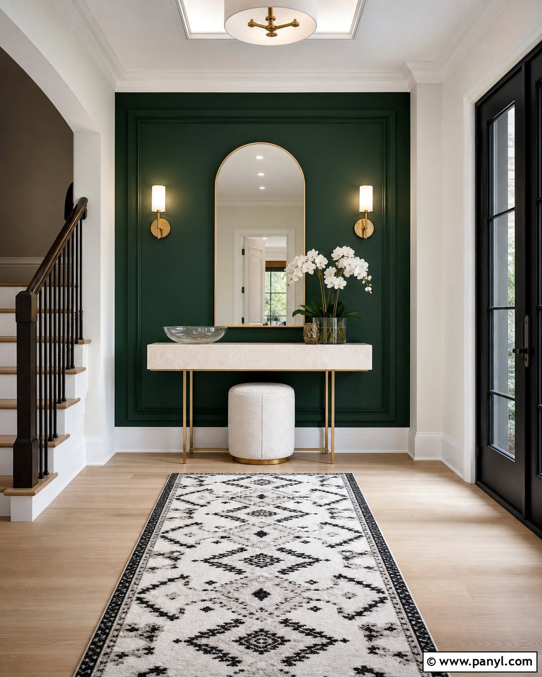 Emerald Green Accent Wall With Brass Details - 20 Green Accent Wall Foyer Ideas