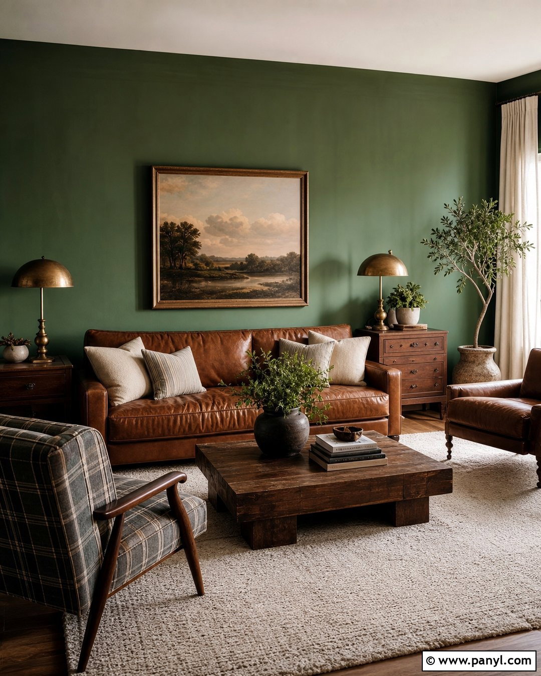 Emerald Green Accent Wall With Brown Leather Sofa - 35 emerald green accent wall ideas
