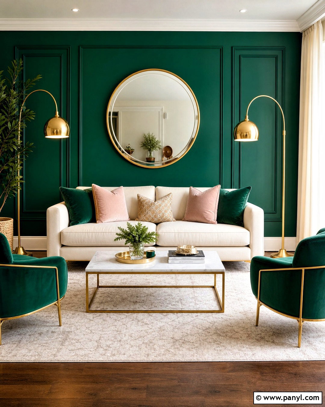 Emerald Green Accent Wall With Gold Decor - 20 green accent wall living room ideas