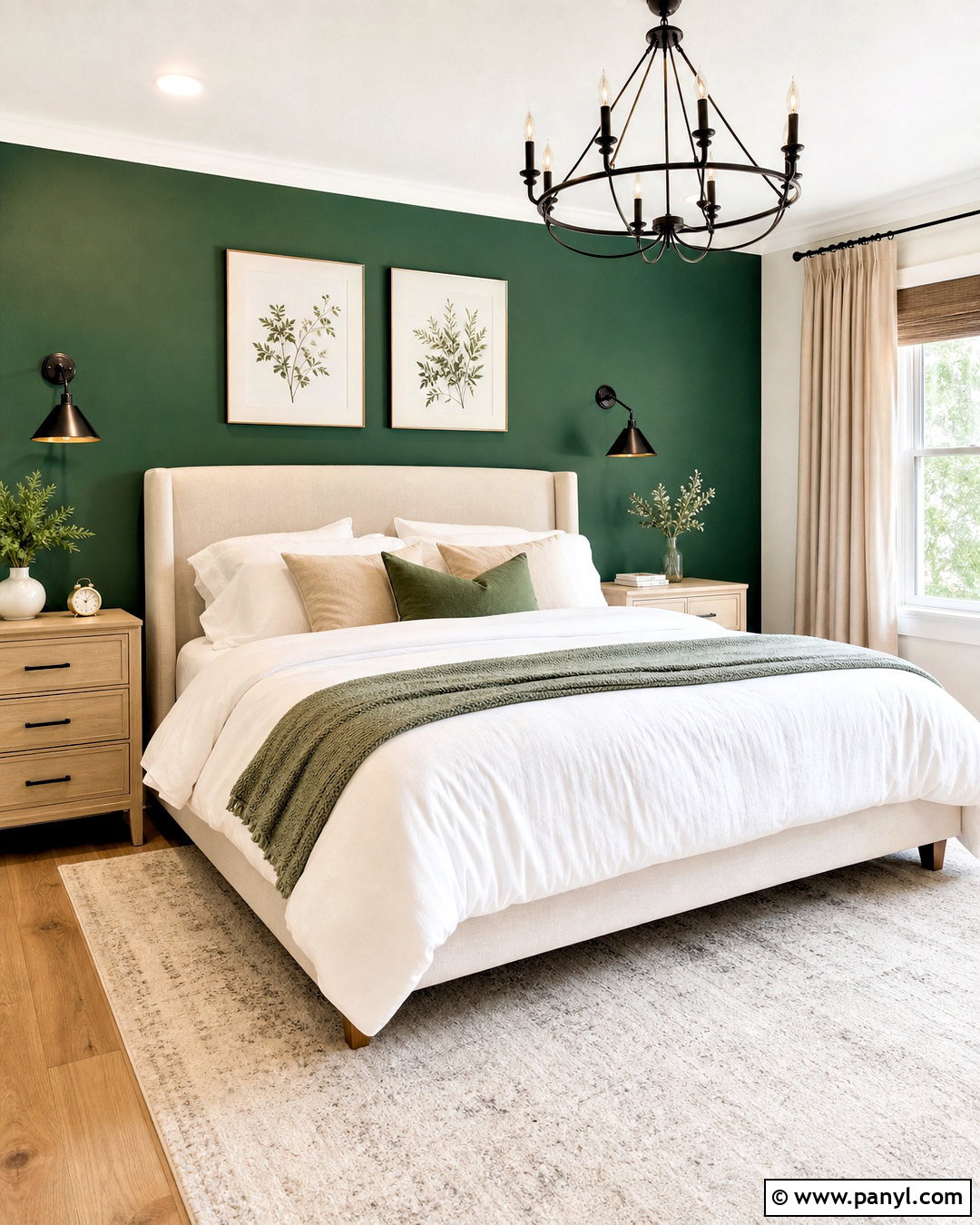 Emerald Green Accent Wall With White Bedding - 20 emerald green accent wall bedroom ideas