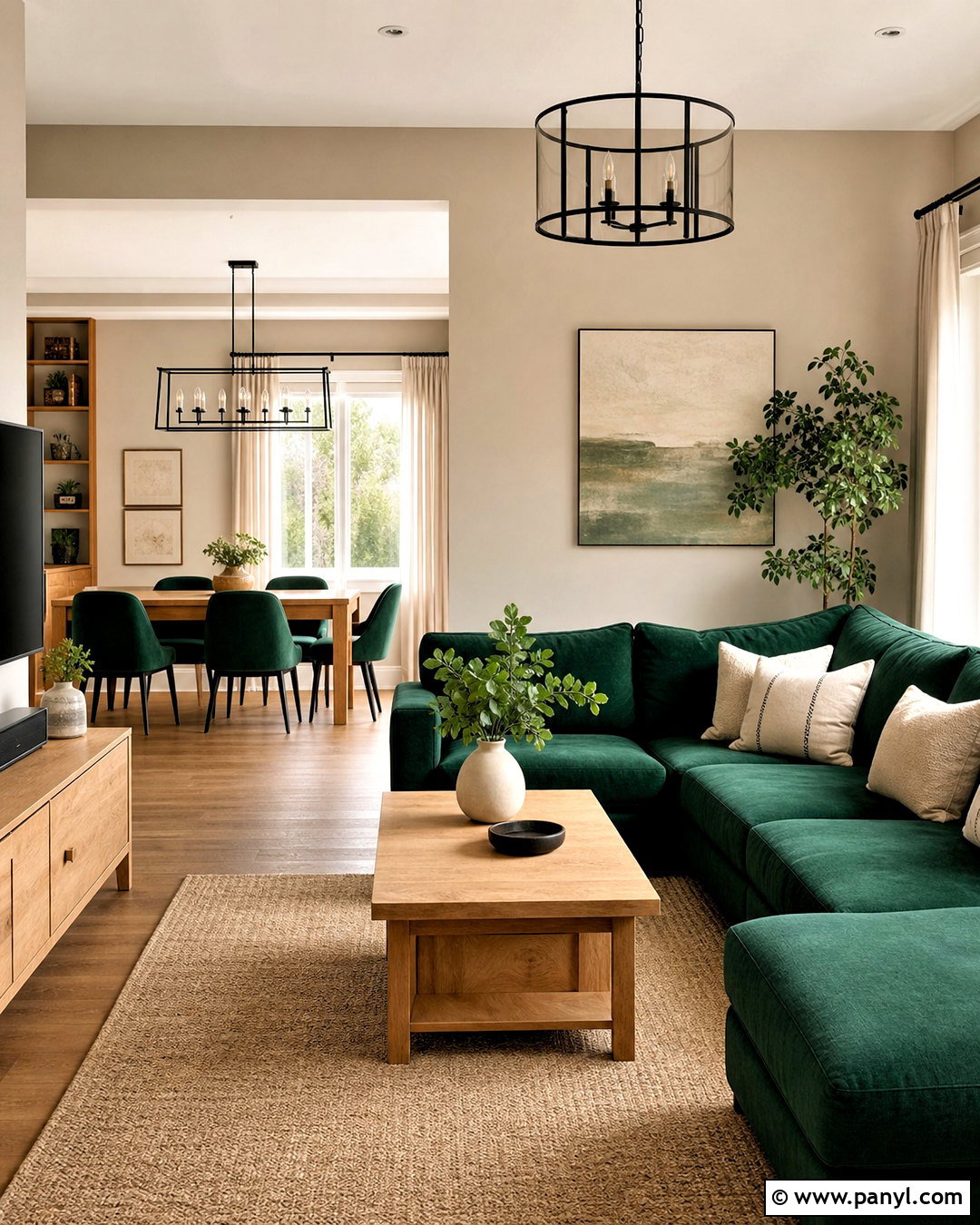 Emerald Green And Greige Open-Plan Room - 20 emerald green colour palette ideas