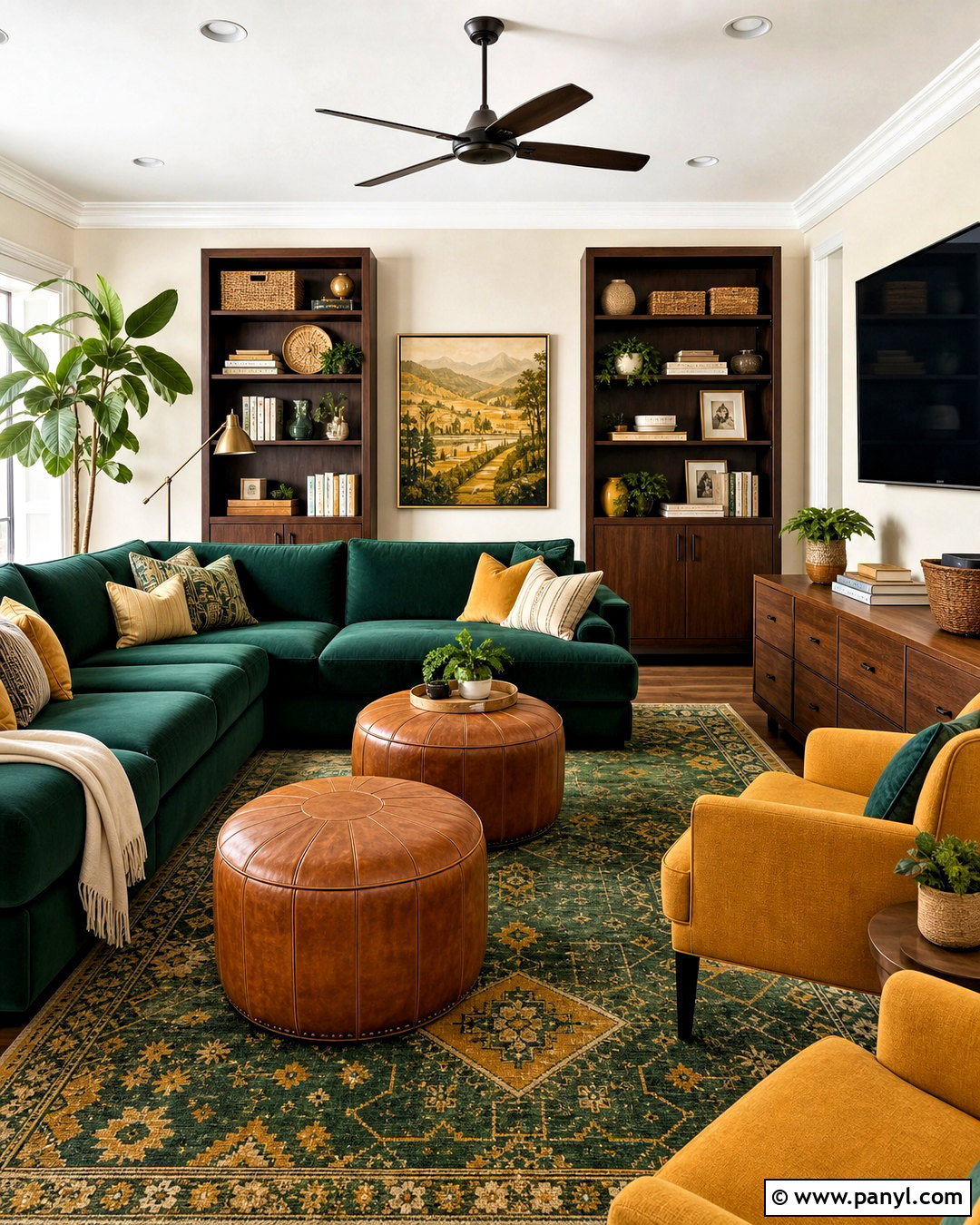 Emerald Green And Mustard Yellow Family Room - 20 emerald green colour palette ideas