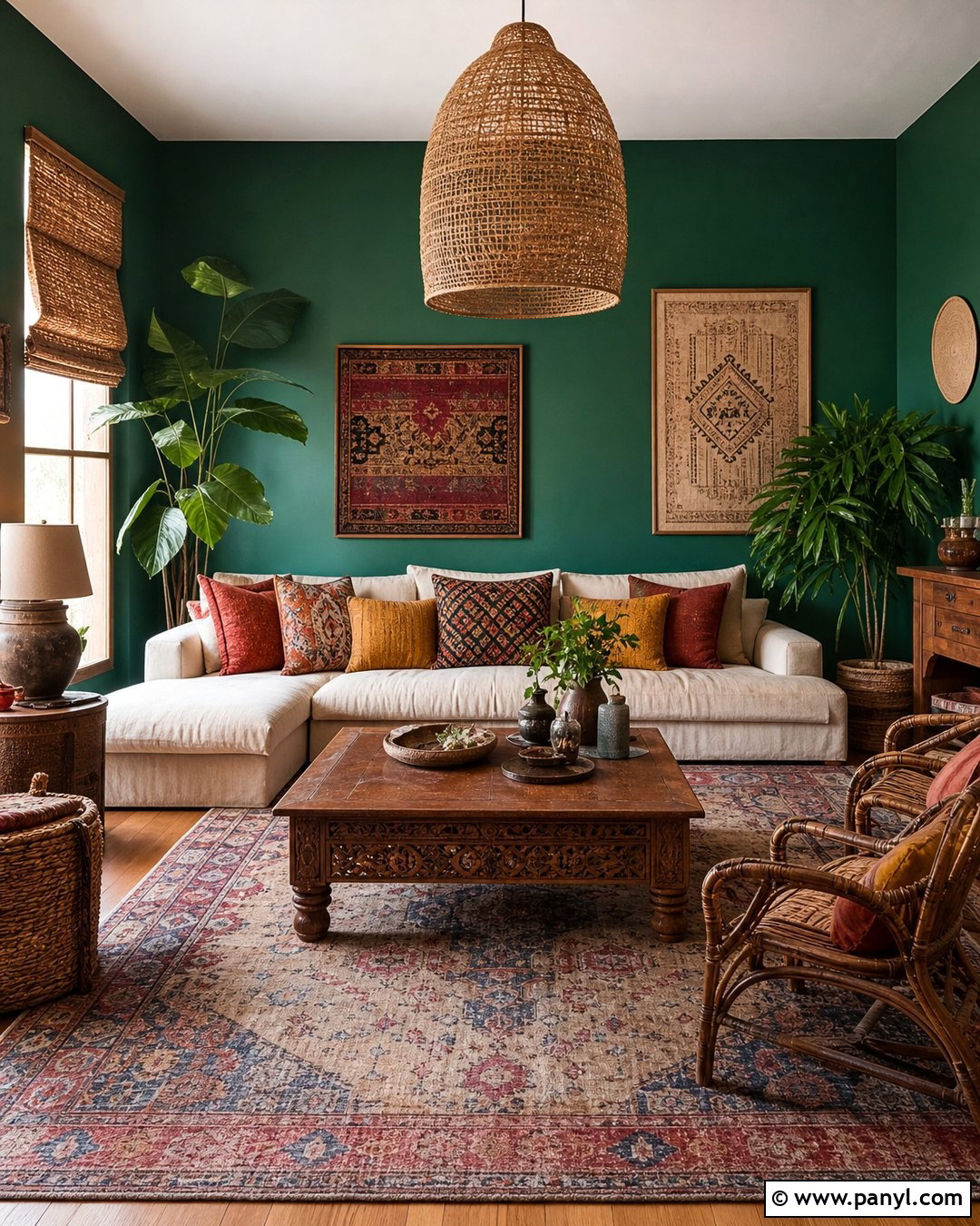 Emerald Green Boho Living Room - 30 Emerald Green Wall Paint Ideas