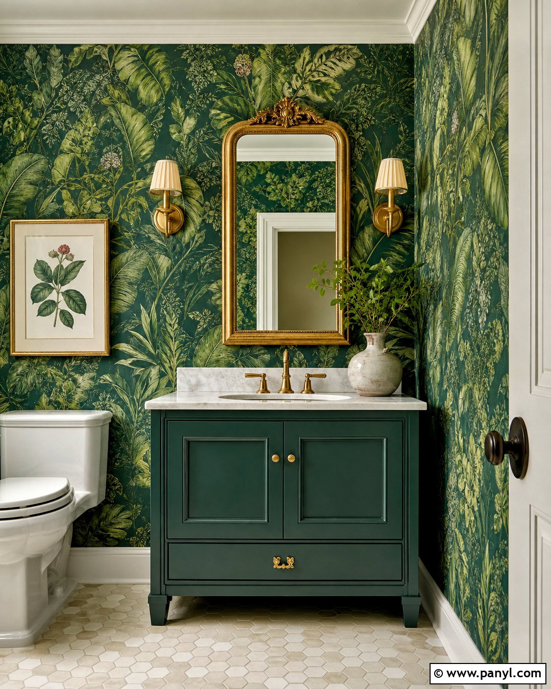 Emerald Green Botanical Wallpaper Bathroom - 20 emerald green and gold bathroom ideas