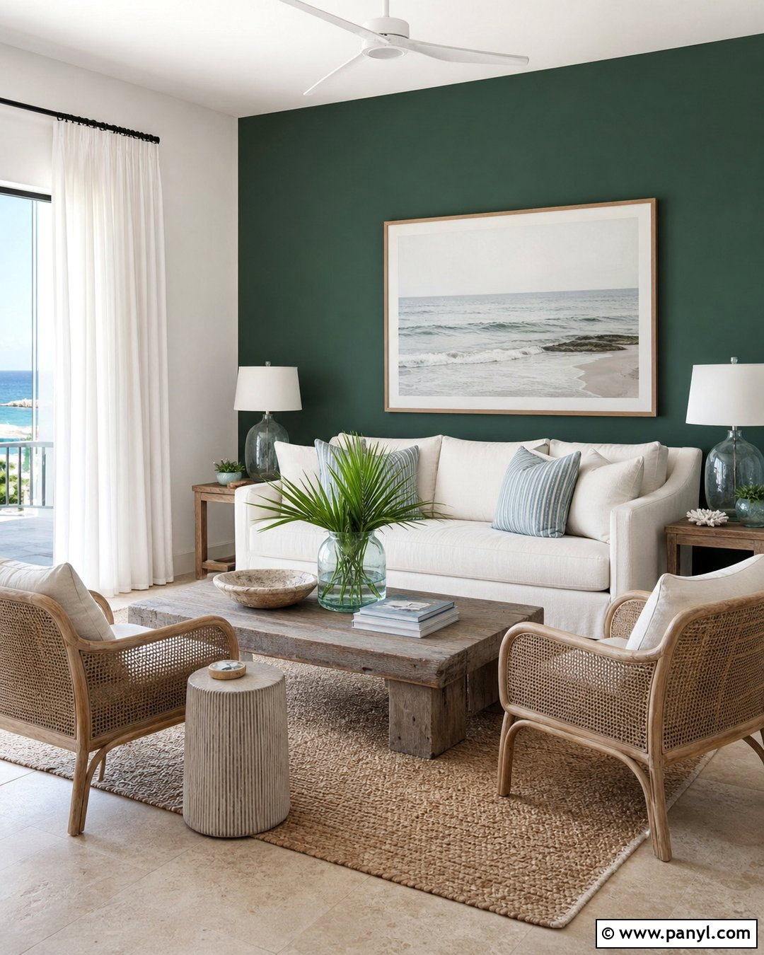 Emerald Green Coastal Living Room - 30 Emerald Green Wall Paint Ideas