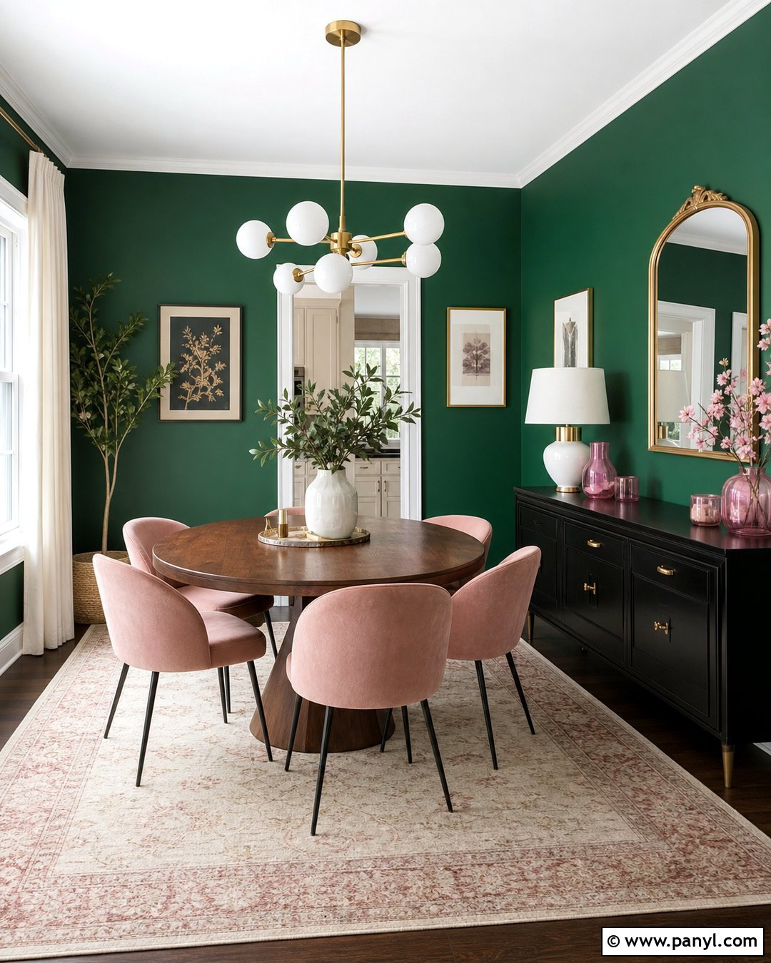 Emerald Green Dining Room With Blush Accents - 30 Emerald Green Wall Paint Ideas