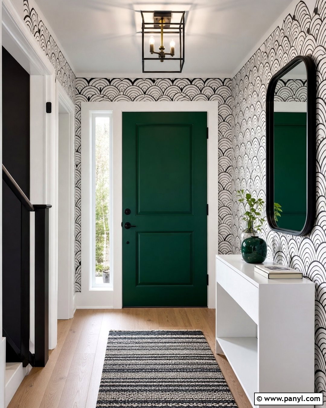 Emerald Green Door With Black And White Wall - 20 Green Door With Patterned Wall Ideas