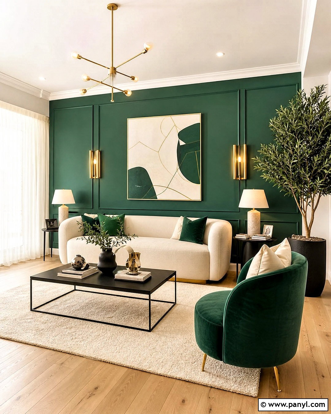 Emerald Green Feature Wall - 20 green feature wall living room ideas
