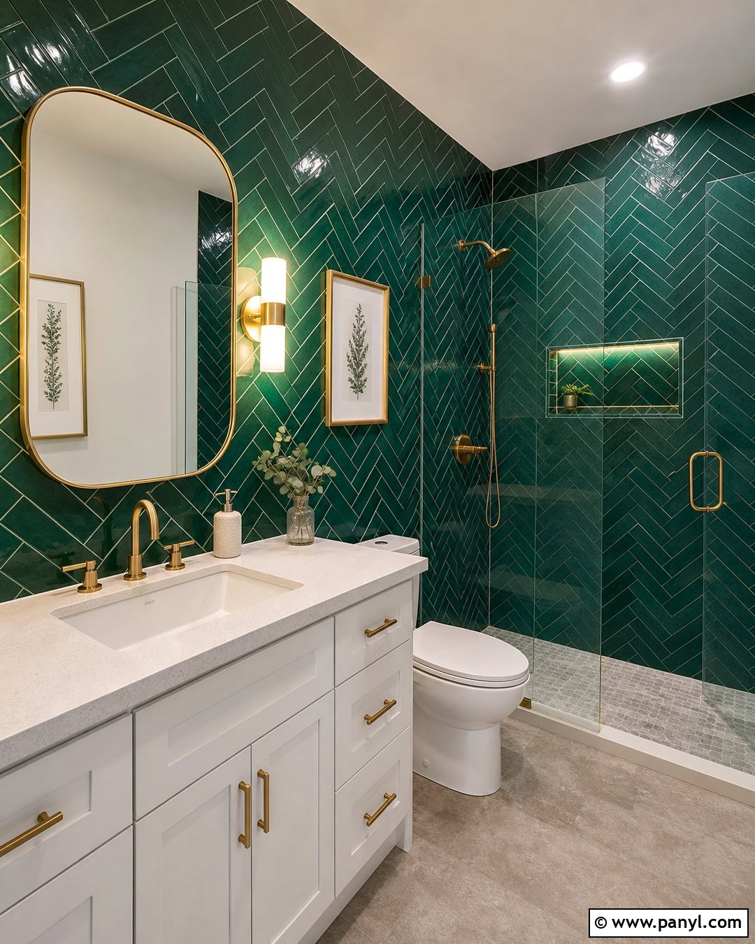 Emerald Green Herringbone Tile Walls - 25 Emerald Green Bathroom Walls